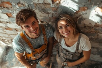 Smiling boy and girl sitting on a rustic stone wall outdoors