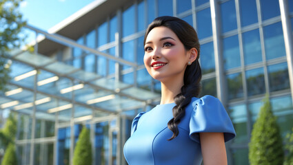 Female Blue Dress Outside Office Building