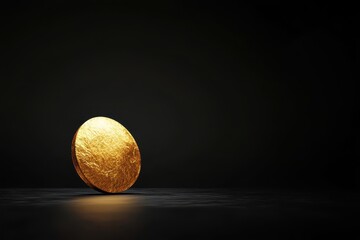 Textured golden disc standing on dark glossy surface