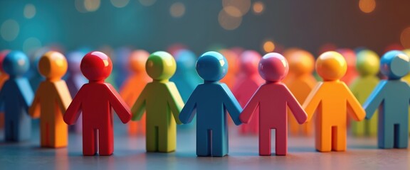 Colorful toy people stand in line holding hands. Many figurines symbolize teamwork, community, connection. Unity of diverse group, togetherness idea, cooperation concept, bonding, success.