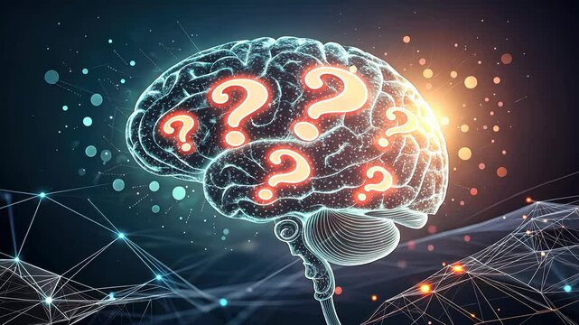 5 WHY analysis concept, Illuminated brain with question marks and connections.