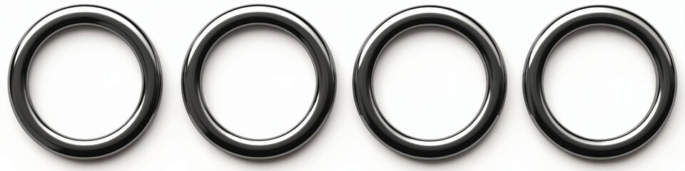 Four circle chrome metal sleek frames rings. Steel metallic torus shapes isolated on white background. Minimalist design element with glossy polished surface. Connectivity or protection concept.