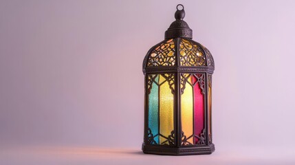 Fototapeta premium Colorful decorative lantern casting warm light against a soft pastel background, ideal for ambiance
