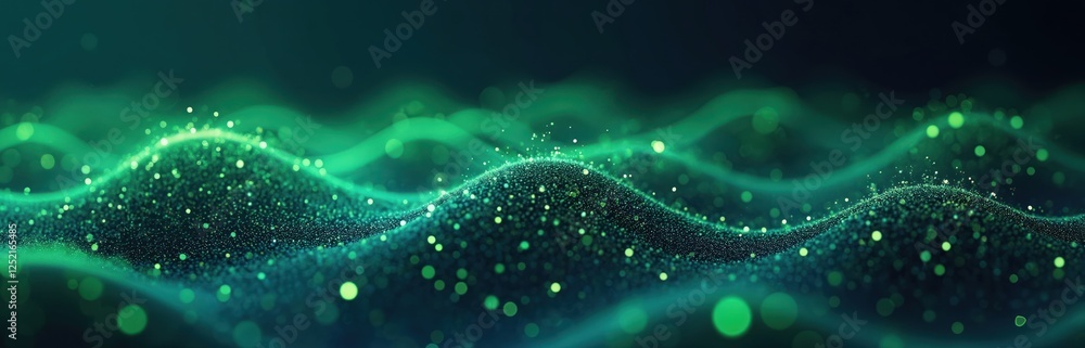 Poster abstract dark blue backdrop with glowing green data particles forming complex wave patterns. dynamic