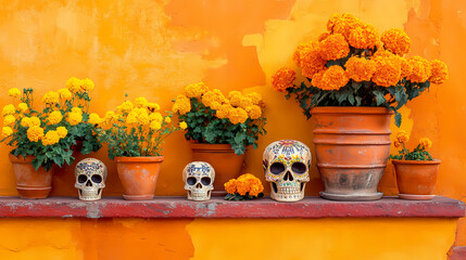 Vibrant marigold symmetry festive day of the dead decor with terracotta pots and skulls on textured orange wall. Ritualistic Symmetry. Illustration