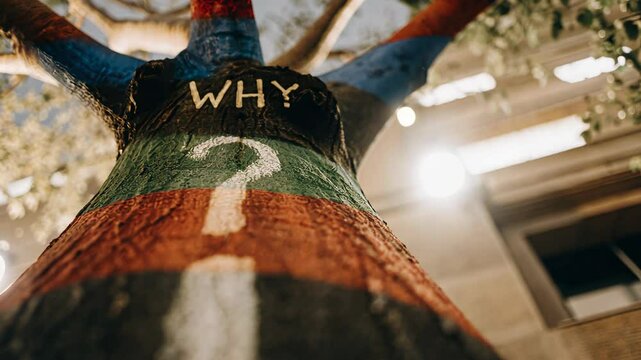 5 WHY analysis concept, Colorful tree with painted question marks and WHY text