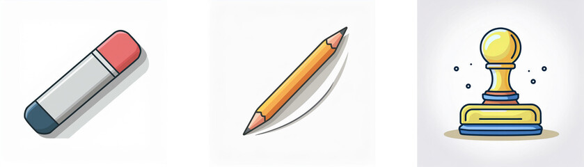 Three common office or school items are shown: an eraser, a pencil, and a stamp, all isolated on a white backdrop.