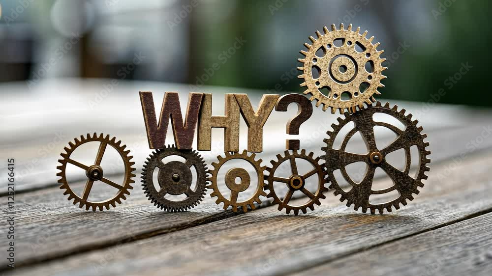 Poster 5 why analysis concept, rustic gears with the word why displayed creatively