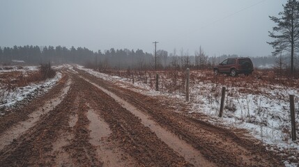 Fototapeta premium Muddy winter road, SUV parked, forest background, rural scene, travel photography