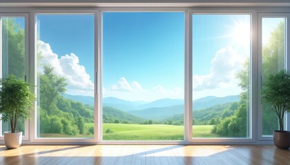 Fototapeta premium Panoramic window view of clear sky with clouds over green mountain landscape on sunny day. White window frame with floor-to-ceiling glass. Natural light, sunlight on wooden floor.