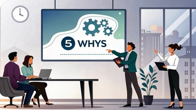 5 WHY analysis concept, Business meeting discussing the 5 WHY method.