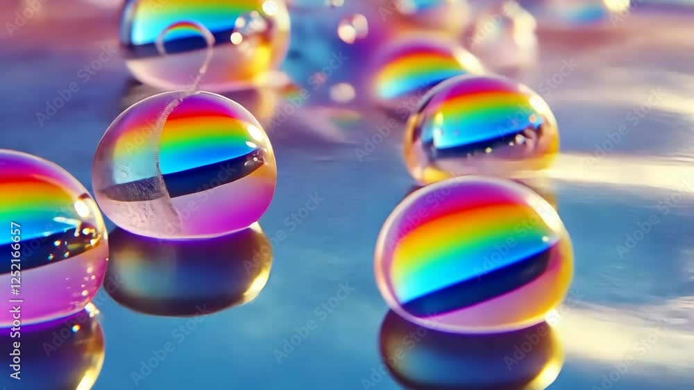 Poster colorful rainbow reflections in translucent orbs create a vibrant display on a reflective surface