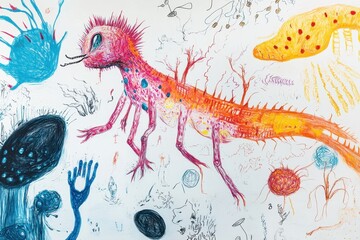 Surreal illustration of a spiky colorful lizard like creature