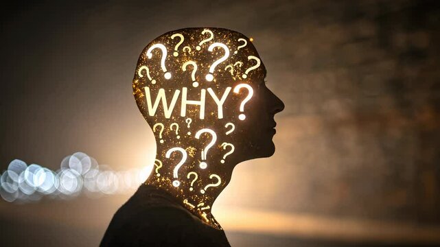 5 WHY analysis concept, Illuminated head with question marks and WHY text.