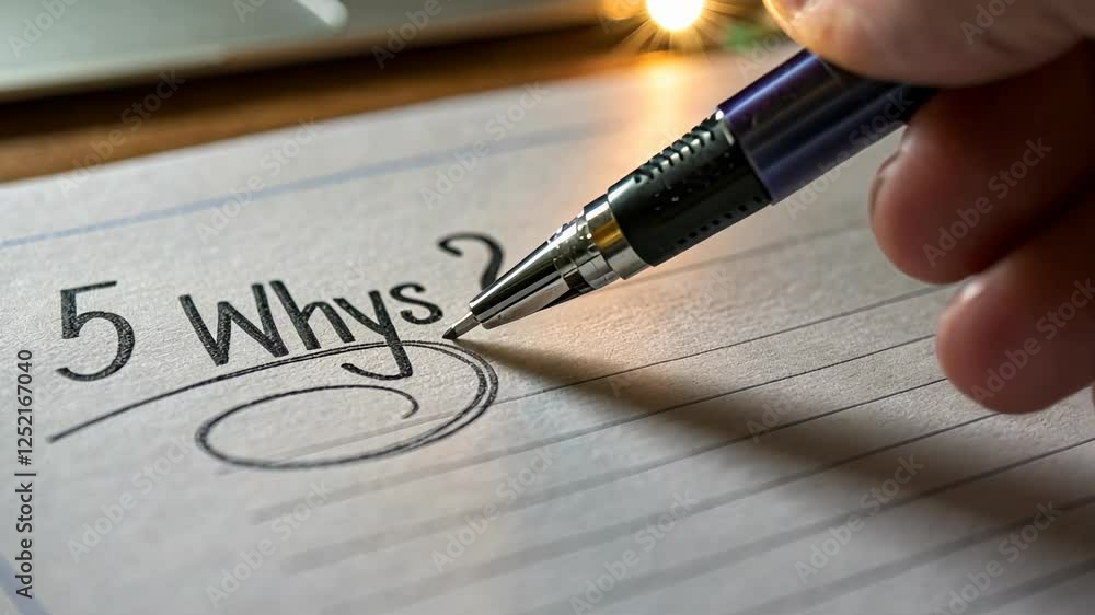 Poster 5 why analysis concept, 5 why question on notebook with pen