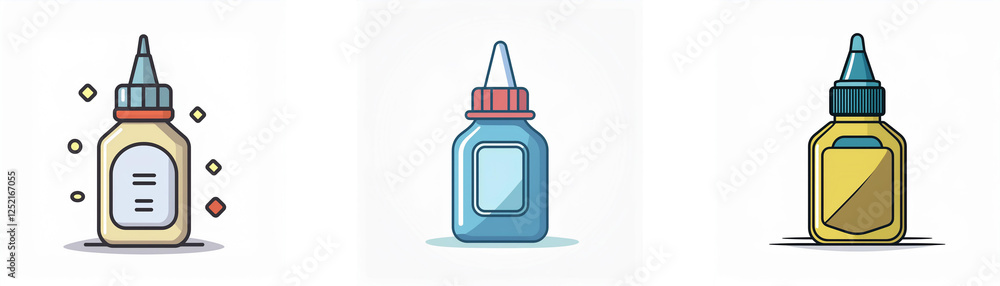 Poster three glue bottles in different colors: beige, blue, and yellow. each bottle has a pointed nozzle fo