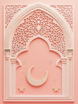 Elegant Islamic Archway Design with Crescent Moon and Stars Ramadan Kareem
