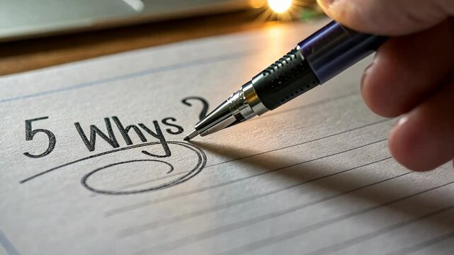 5 WHY analysis concept, 5 WHY question on notebook with pen