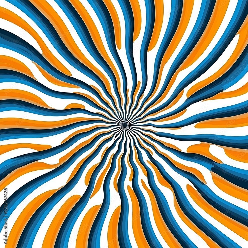 Poster colorful spiral design with alternating orange and blue stripes, creating a dynamic and eye-catching
