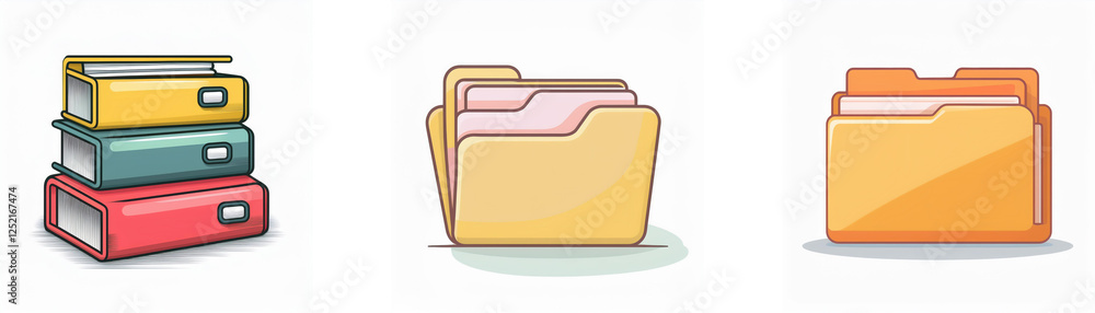 Poster three icons depict file organization: a stack of colorful books, an open folder revealing files insi