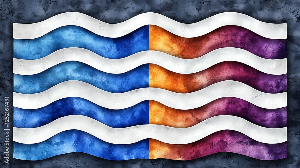 Poster abstract wavy patterns in blue, orange, and purple tones create a visually striking design on a text