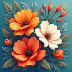 Illustration of colorful flowers with leaves on blue backdrop. Floral arrangement features orange, red, and white petals, botanical design for prints, fabrics, wallpaper. Nature ornament, background.