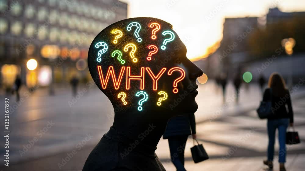 Poster 5 why analysis concept, silhouette with neon question marks and why text