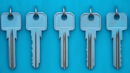 Five Blue Keys Organized on a Bright Blue Wooden Surface