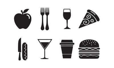Silhouette Black Food and Beverage Icons – Apple, Fork and Knife, Wine Glass, Pizza, Hot Dog, Cocktail, Coffee Cup, Burger – Minimalist Vector Set