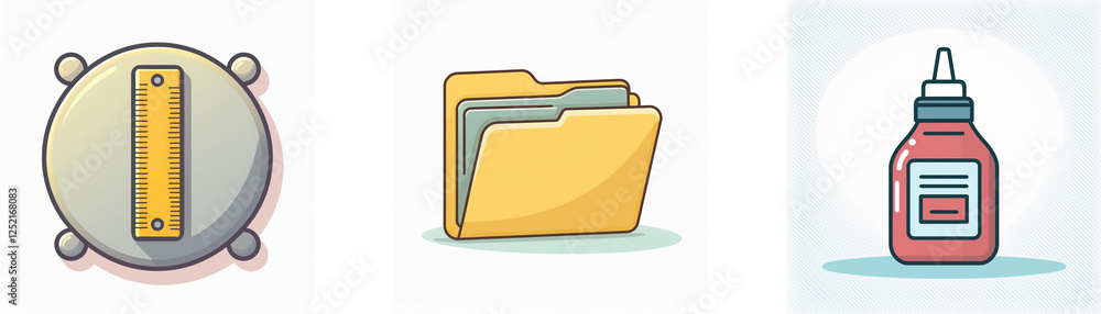 Poster three icons are displayed: a gray button with a yellow bar, a yellow file folder, and a red bottle o