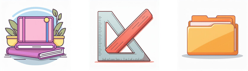 Icons showing digital learning setup with laptop on books and plants, geometry tools like ruler and pencil, and a folder for file management.