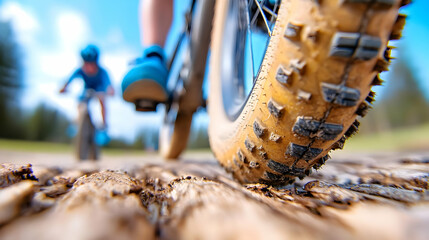 Kids mountain biking on wooden trail, nature background, active lifestyle