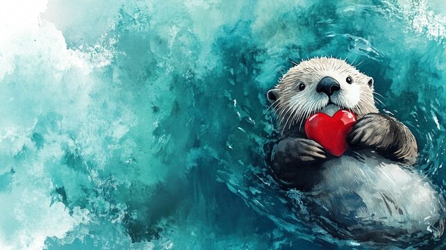 cute sea otter floating on its back in water holding red heart with its front paws, blue green water background, banner with copy space, watercolor illustration. love, affection, present concept