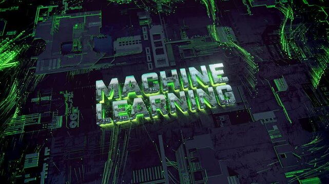 Horizontal Metallic Typography with Circuit Texture Machine Learning in a Futuristic Digital World with Data Particles