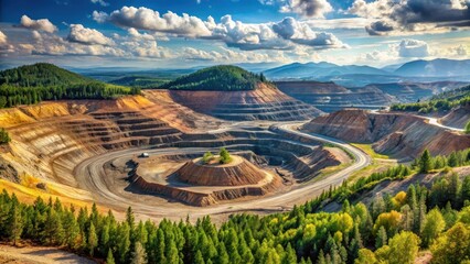 Majestic mountain landscape with a vast open pit mine in the foreground, surrounded by trees and rolling hills, showcasing the extraction of mineral resources , mountains, rocks