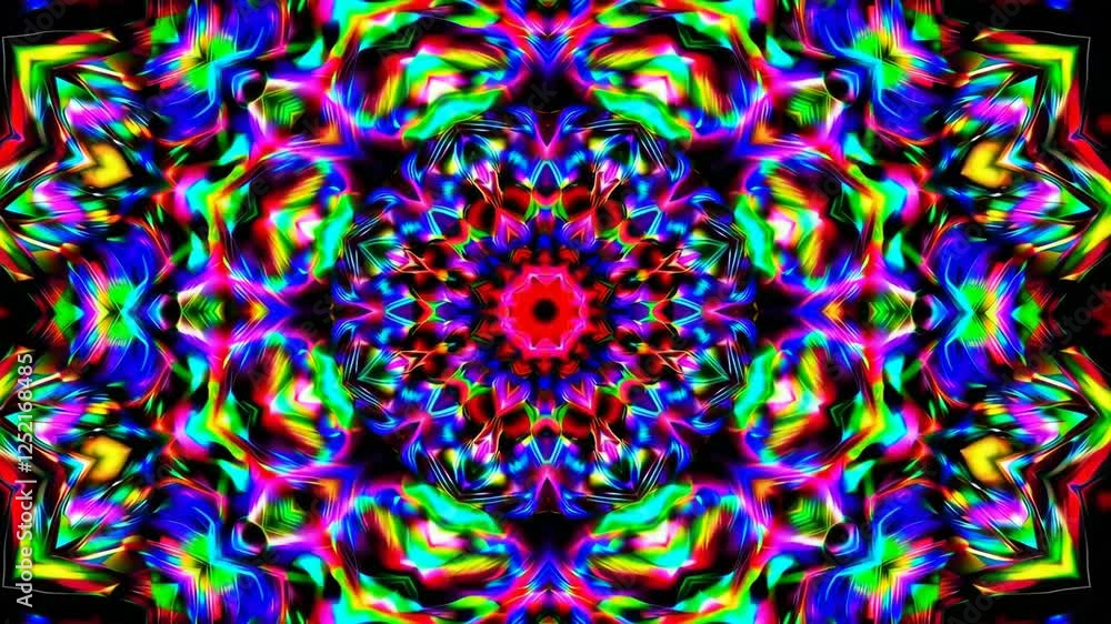Poster colorful kaleidoscope pattern of neon lights, abstract and symmetrical art design