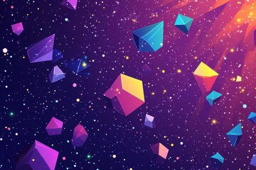 Colorful geometric shapes float in a vibrant space background