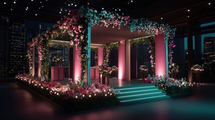Obraz premium Rooftop floral wedding ceremony setup, city night view