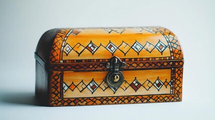 Ornately designed wooden treasure chest with intricate patterns against a neutral background