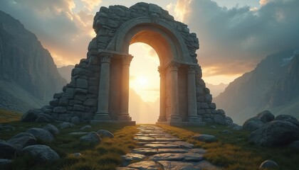 Ancient stone gate with light through pillars in mountain landscape. Old arch as mysterious portal, antique landmark, column to another world, paradise. Fantasy, imagination.