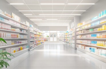 Bright pharmacy aisle, products on shelves, sunny windows, healthcare, retail