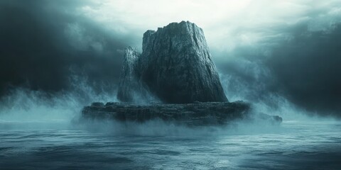 Dramatic cliffs rise from a misty ocean under dark skies