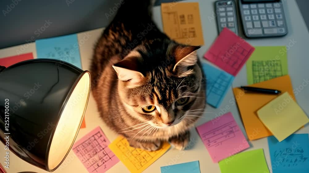 Poster curious cat on desk with colorful sticky notes, lamp, and calculator surrounding it