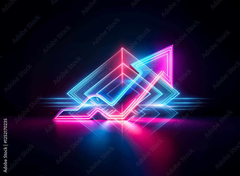 Poster abstract neon geometric shapes glow in vibrant pink and blue against a dark backdrop. dynamic lines 