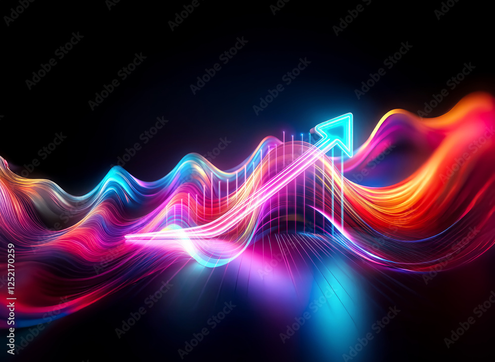 Poster vibrant gradient lines flow upwards with a neon arrow, symbolizing growth against a dark backdrop. a
