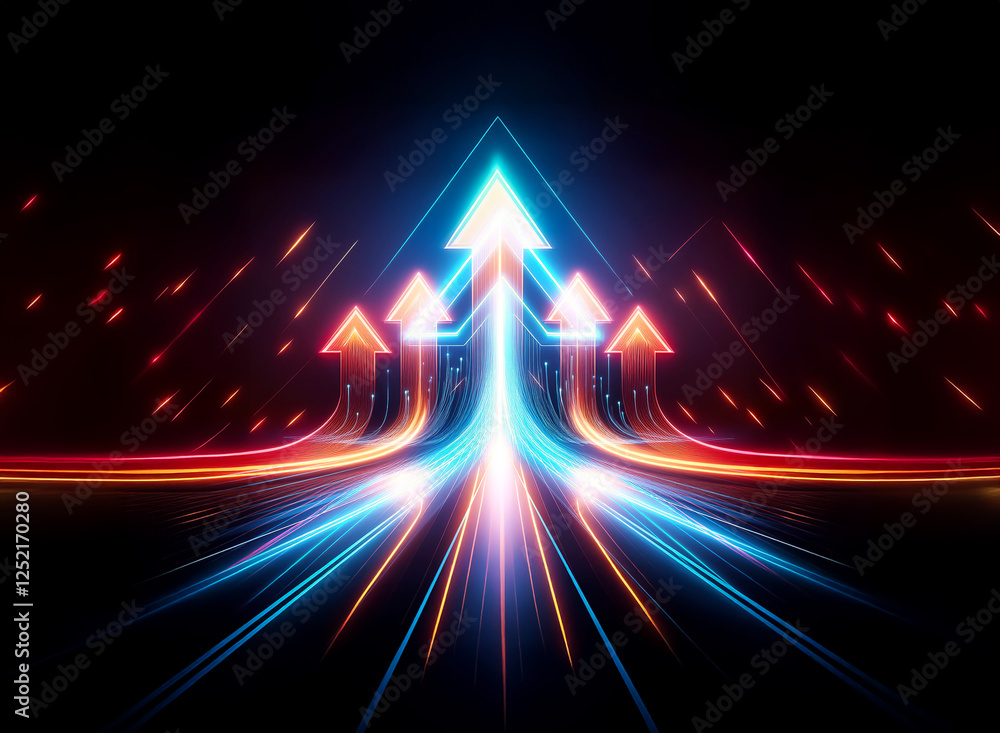 Poster vibrant arrows with neon glow ascend on a dark backdrop, creating dynamic motion with streaks of blu