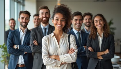 Fototapeta premium Diverse business team stands together in modern office. Successful confident creative corporate group portrait with mixed race men, women, leader with arms crossed, smiles. Coworkers, pro.
