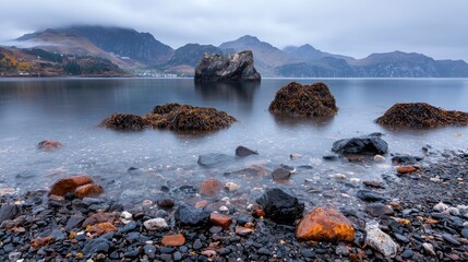 Misty Coastal Rocks, Calm Water, Foggy Mountains, Scenic View, Coastal Scenery, Tranquil Atmosphere, Tranquil Scene, Nature Photography