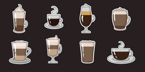 Set of Coffee Drinks Vector Sticker Pack, including Americano, Cappuccino, Espresso, Latte, Mochaccino, Flat White, Irish Coffee, and Glace. Doodle style. Perfect for stickers, menus, or digital art