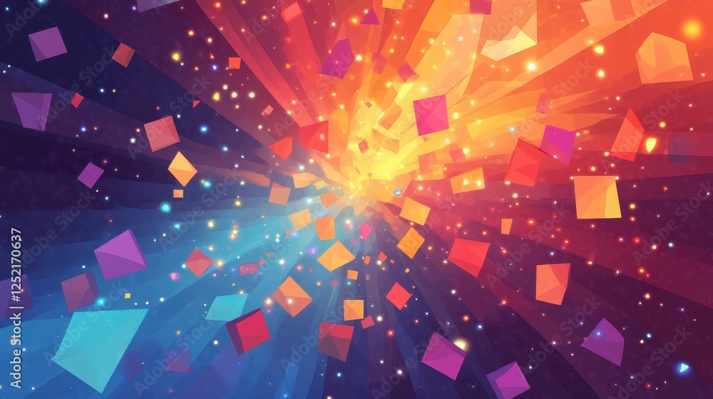Poster geometric cubes and starburst pattern creates a captivating design